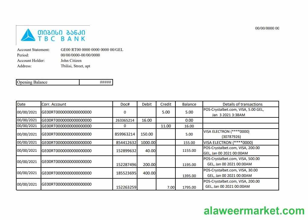 Georgia TBC Bank statement easy to fill template in Excel and PDF format